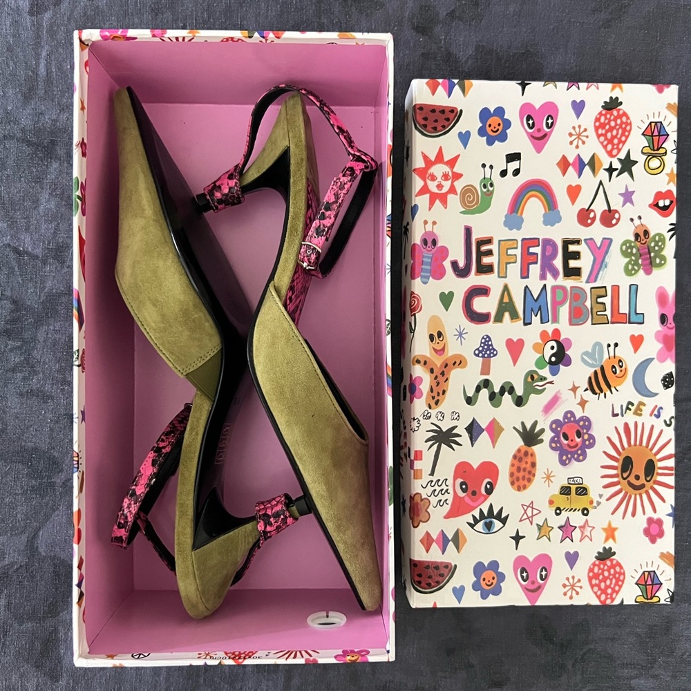 Jeffrey Campbell “Operative” green suede / pink snake, 9.5 kitten heel